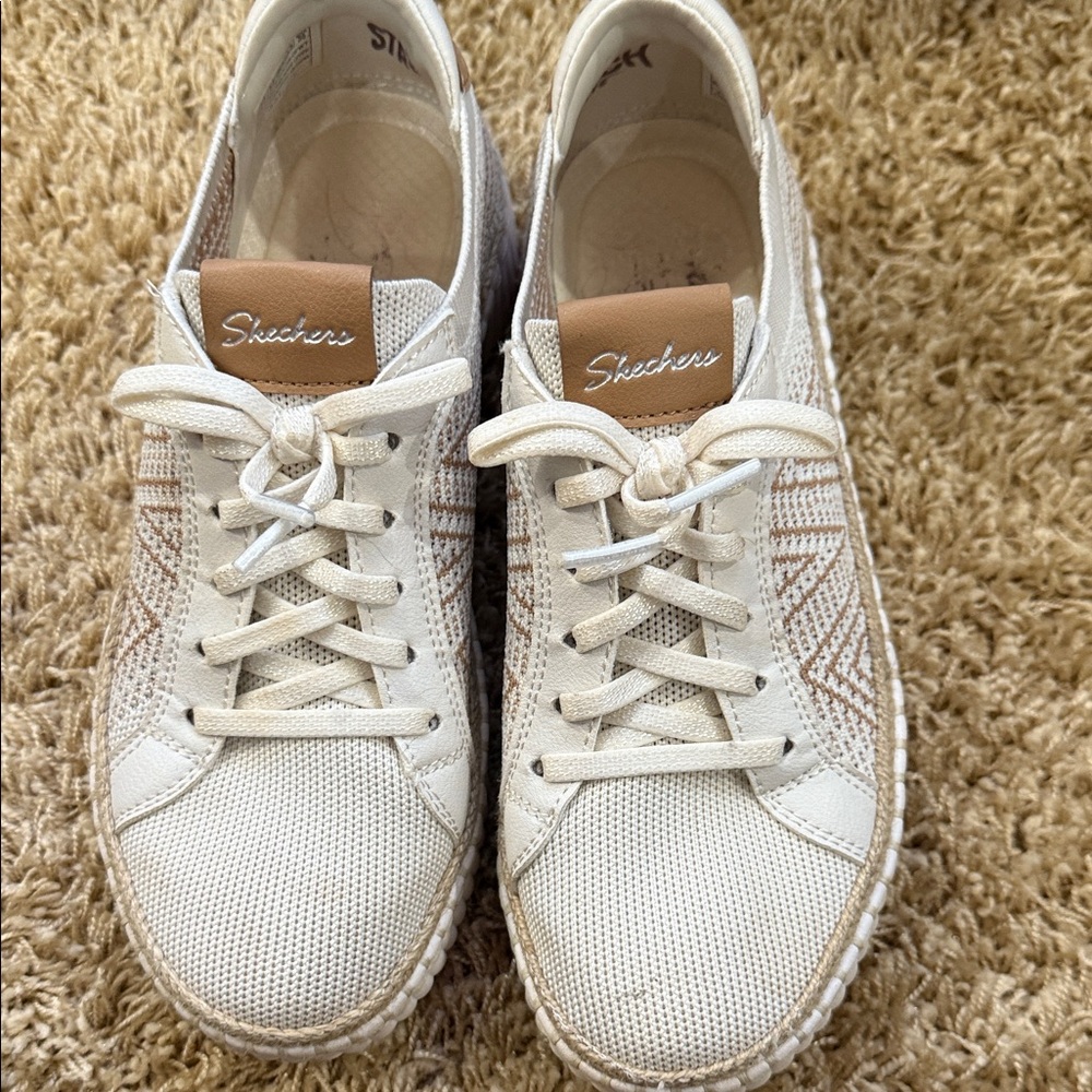 Skechers Women's White and Tan Sneakers stretch fit memory foam slip in.